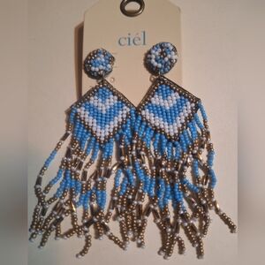 Ciel Brand Seed Bead Earrings In Blue, White & Bronze NIP